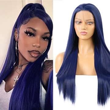 HQ-YEAINMATEE Dark Blue Lace Front Wig Long Natural Straight Synthetic Heat Resistant Navy Blue Wigs...