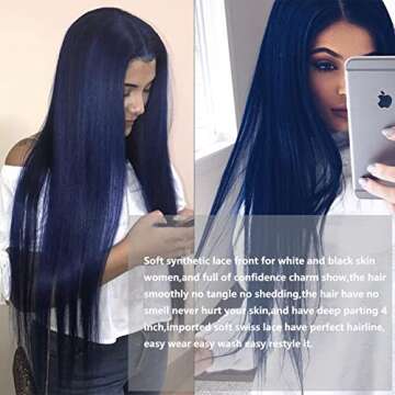 HQ-YEAINMATEE Dark Blue Lace Front Wig Long Natural Straight Synthetic Heat Resistant Navy Blue Wigs for Women Half Hand Tied Realistic Natural Hairline Glueless Hair for Daily Party Cosplay Wear