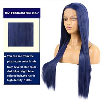 HQ-YEAINMATEE Dark Blue Lace Front Wig Long Natural Straight Synthetic Heat Resistant Navy Blue Wigs for Women Half Hand Tied Realistic Natural Hairline Glueless Hair for Daily Party Cosplay Wear