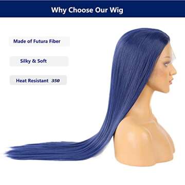 HQ-YEAINMATEE Dark Blue Lace Front Wig Long Natural Straight Synthetic Heat Resistant Navy Blue Wigs for Women Half Hand Tied Realistic Natural Hairline Glueless Hair for Daily Party Cosplay Wear