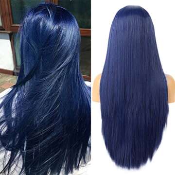 HQ-YEAINMATEE Dark Blue Lace Front Wig Long Natural Straight Synthetic Heat Resistant Navy Blue Wigs for Women Half Hand Tied Realistic Natural Hairline Glueless Hair for Daily Party Cosplay Wear