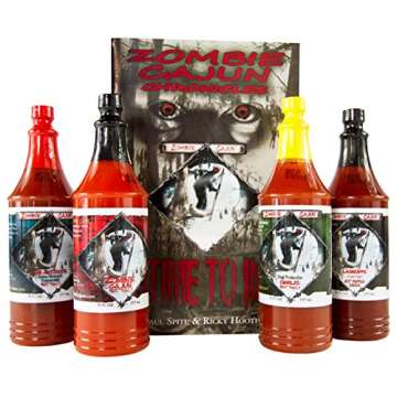 Zombie Cajun Hot Sauce Gift Sets - 4 Full Size (6oz) Bottles of Traditional Creole Slow Cooked Louisiana Hot Sauces. It's Not About the Hot It's About the Flavors, Plus a Zombie Book w/Recipes