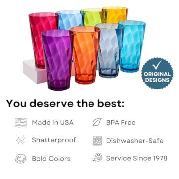 US Acrylic Optix Plastic Reusable Drinking Glasses - Set of 8 Vibrant 20oz Tumblers