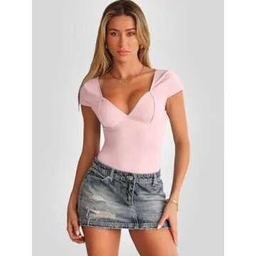 Trendy Queen Women’s Deep V-Neck Backless Tops Short Sleeve Slim Fit T-Shirts Basic Y2K Clothes Bu...