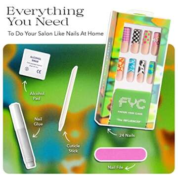 FYC 5 in 1 Long Press on Nails Set, 24 PCS Fake Nails, 12 Sizes Reusable French Tip False Nails | Super Strong Stick on Nails with Glue, 2 Pads, Mini File, Cuticle Stick, Jelly Glue Stickers (Multi)