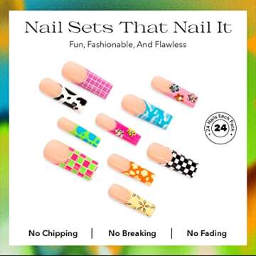 FYC 5 in 1 Long Press on Nails Set, 24 PCS Fake Nails, 12 Sizes Reusable French Tip False Nails | Super Strong Stick on Nails with Glue, 2 Pads, Mini File, Cuticle Stick, Jelly Glue Stickers (Multi)