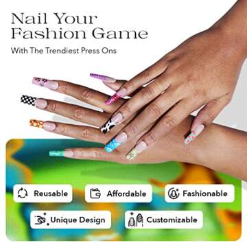 FYC 5 in 1 Long Press on Nails Set, 24 PCS Fake Nails, 12 Sizes Reusable French Tip False Nails | Super Strong Stick on Nails with Glue, 2 Pads, Mini File, Cuticle Stick, Jelly Glue Stickers (Multi)