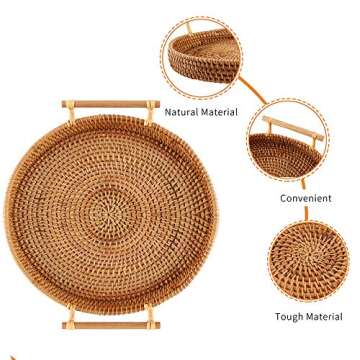 Handmade Rattan Round Woven Basket, Round Serving Tray with Handles, Food Serving Baskets, Basket, Great To Display Bread Or Fruit (10.6", 1pc)