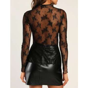 AKEWEI Women's Long Sleeve Mesh Top Crew Neck Sheer Blouse See Through Floral Lace Tops Sexy Party C...