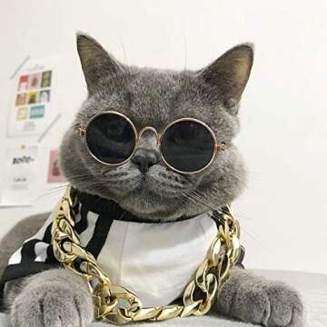 Legendog Cool Pet Sunglasses and Gold Chain Set for Stylish Cats and Small Dogs