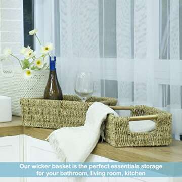 VATIMA Seagrass Baskets with Wooden Handles, Set of 3 Decorative Natural Wicker Baskets for Kitchen