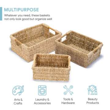 VATIMA Seagrass Baskets with Wooden Handles, Set of 3 Decorative Natural Wicker Baskets for Kitchen