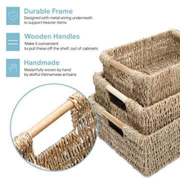 VATIMA Seagrass Baskets with Wooden Handles, Set of 3 Decorative Natural Wicker Baskets for Kitchen