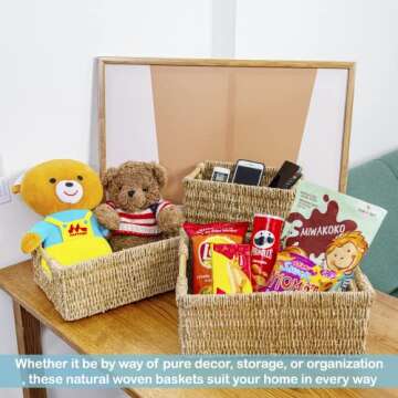 VATIMA Seagrass Baskets with Wooden Handles, Set of 3 Decorative Natural Wicker Baskets for Kitchen