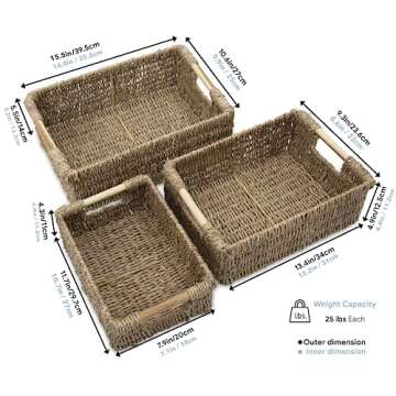 VATIMA Seagrass Baskets with Wooden Handles, Set of 3 Decorative Natural Wicker Baskets for Kitchen