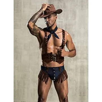 URVIP Mens Sexy Lingerie Set Role Play Cowboy Boy Uniform Night Club Costume Outfit Brown One Size