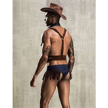 URVIP Mens Sexy Lingerie Set Role Play Cowboy Boy Uniform Night Club Costume Outfit Brown One Size