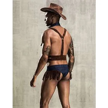 URVIP Mens Sexy Lingerie Set Role Play Cowboy Boy Uniform Night Club Costume Outfit Brown One Size