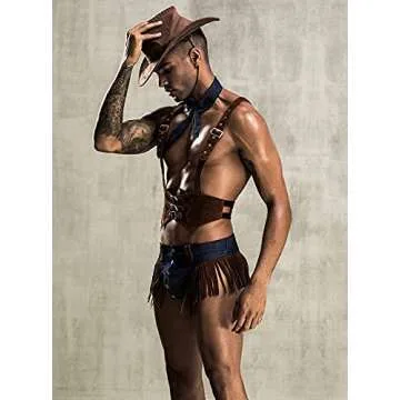 URVIP Mens Sexy Lingerie Set Role Play Cowboy Boy Uniform Night Club Costume Outfit Brown One Size