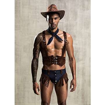 URVIP Mens Sexy Lingerie Set Role Play Cowboy Boy Uniform Night Club Costume Outfit Brown One Size