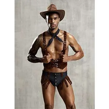 URVIP Mens Sexy Lingerie Set Role Play Cowboy Boy Uniform Night Club Costume Outfit Brown One Size