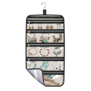 MISSLO Hanging Jewelry Organizer Travel Foldable Jewelry Roll Storage Case with 14 Cotton Zippered Pockets for Traveling, Closet, Suitcase