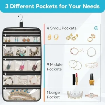MISSLO Hanging Jewelry Organizer Travel Foldable Jewelry Roll Storage Case with 14 Cotton Zippered Pockets for Traveling, Closet, Suitcase