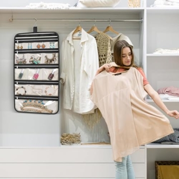 MISSLO Hanging Jewelry Organizer Travel Foldable Jewelry Roll Storage Case with 14 Cotton Zippered Pockets for Traveling, Closet, Suitcase