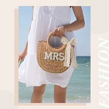 Pinkunn Bride Gift Bride Straw Purse Mrs Handwoven Bag Rhinestone Letter Bag Bachelorette Honeymoon Wedding Bridal Shower(MRS)