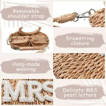 Pinkunn Bride Gift Bride Straw Purse Mrs Handwoven Bag Rhinestone Letter Bag Bachelorette Honeymoon Wedding Bridal Shower(MRS)