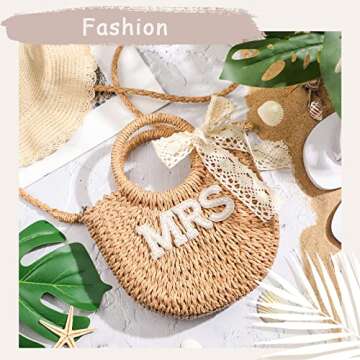 Pinkunn Bride Gift Bride Straw Purse Mrs Handwoven Bag Rhinestone Letter Bag Bachelorette Honeymoon Wedding Bridal Shower(MRS)
