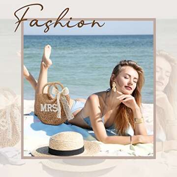 Pinkunn Bride Gift Bride Straw Purse Mrs Handwoven Bag Rhinestone Letter Bag Bachelorette Honeymoon Wedding Bridal Shower(MRS)