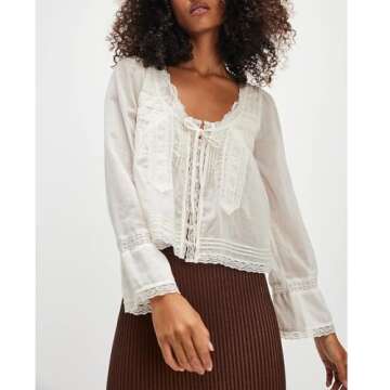 Women Y2k Long Sleeve Shirts Ruffles Lace Trim Sheer Mesh See Through Round Neck Going Out Tank Tops...