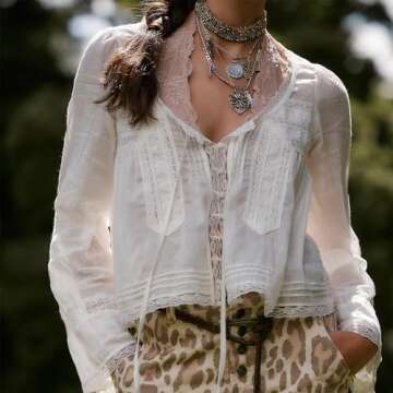 Women Y2k Long Sleeve Shirts Ruffles Lace Trim Sheer Mesh See Through Round Neck Going Out Tank Tops Blouses (Ivory, M)