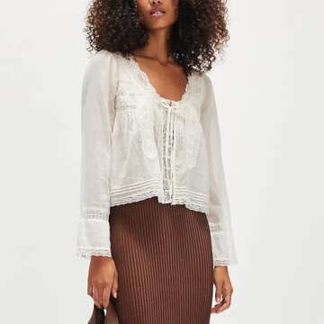 Women Y2k Long Sleeve Shirts Ruffles Lace Trim Sheer Mesh See Through Round Neck Going Out Tank Tops Blouses (Ivory, M)