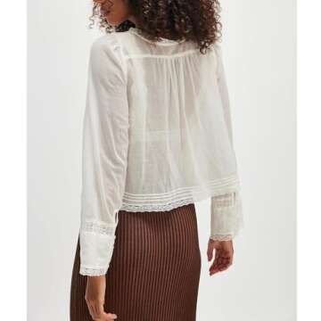 Women Y2k Long Sleeve Shirts Ruffles Lace Trim Sheer Mesh See Through Round Neck Going Out Tank Tops Blouses (Ivory, M)