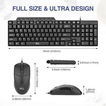 Basic Keyboard and Mouse,Rii RK203 Ultra Full Size Slim USB Basic Wired Mouse and Keyboard Combo Set with Number Pad for Computer,Laptop,PC,Notebook,Windows and School Work(1 Pack)