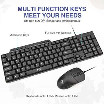 Basic Keyboard and Mouse,Rii RK203 Ultra Full Size Slim USB Basic Wired Mouse and Keyboard Combo Set with Number Pad for Computer,Laptop,PC,Notebook,Windows and School Work(1 Pack)