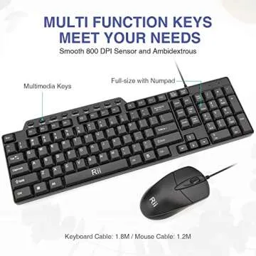 Basic Keyboard and Mouse,Rii RK203 Ultra Full Size Slim USB Basic Wired Mouse and Keyboard Combo Set with Number Pad for Computer,Laptop,PC,Notebook,Windows and School Work(1 Pack)