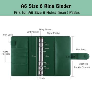 Antner A6 PU Leather Notebook Binder Refillable 6 Ring Binder for A6 Filler Paper, Loose Leaf Personal Planner Binder Cover with Magnetic Buckle Closure, Dark Green