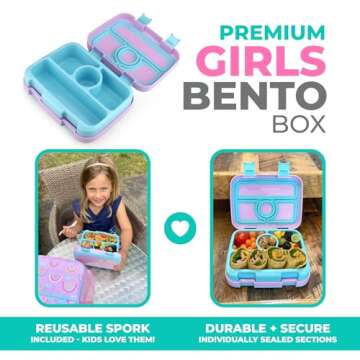 kinsho Kids Bento Lunch Box, Reusable Meal and Snack Container, Lunch Boxes For Small Girls & Toddle...