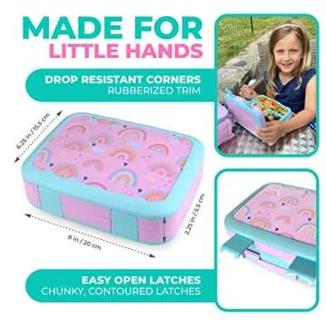 kinsho Kids Bento Lunch Box, Reusable Meal and Snack Container, Lunch Boxes For Small Girls & Toddlers Lunches, 4 Compartment - School, Daycare, Drop-Proof BPA Free, Purple Rainbow