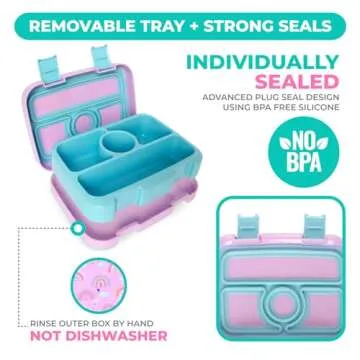 kinsho Kids Bento Lunch Box, Reusable Meal and Snack Container, Lunch Boxes For Small Girls & Toddlers Lunches, 4 Compartment - School, Daycare, Drop-Proof BPA Free, Purple Rainbow