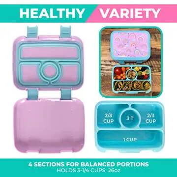 kinsho Kids Bento Lunch Box, Reusable Meal and Snack Container, Lunch Boxes For Small Girls & Toddlers Lunches, 4 Compartment - School, Daycare, Drop-Proof BPA Free, Purple Rainbow