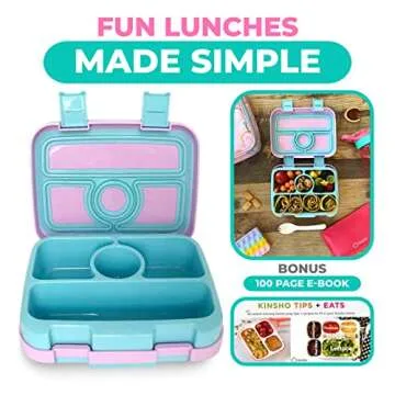 kinsho Kids Bento Lunch Box, Reusable Meal and Snack Container, Lunch Boxes For Small Girls & Toddlers Lunches, 4 Compartment - School, Daycare, Drop-Proof BPA Free, Purple Rainbow