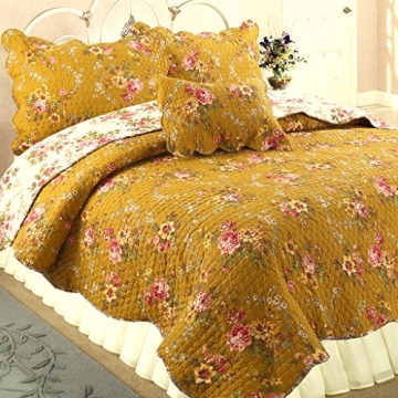 Cozy Line Home Fashions Perry Mustard Yellow Floral Blooming Flower Printed 100% Cotton Vintage Quil...
