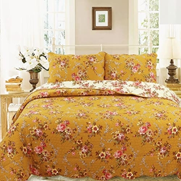 Cozy Line Floral Cotton Quilt Set Queen Size Reversible