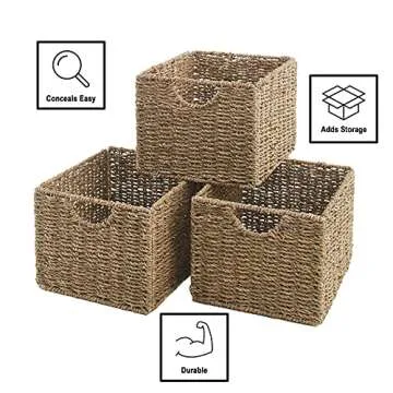 The Lakeside Collection Set of 3 Wicker Storage Basket Bins for Organizing Closet Shelf, Bathroom, Crafting, Kitchen, or Kids Room - Empty Handwoven Seagrass Cubes with Handle for Tidy Organization