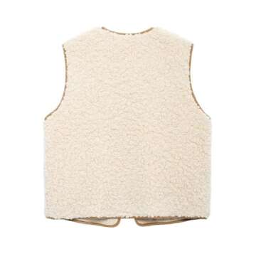 Perbai Women's Fuzzy Fleece Vest Crewneck Sleeveless Sherpa Jacket Tie Front Y2K Cardigan Vest Gilet with Pockets(Beige-M)