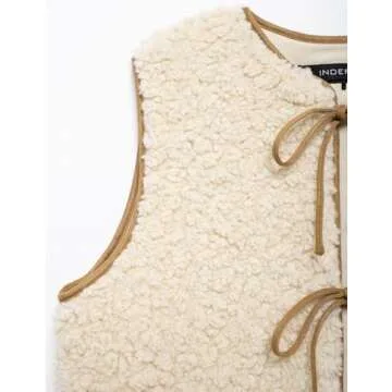 Perbai Women's Fuzzy Fleece Vest Crewneck Sleeveless Sherpa Jacket Tie Front Y2K Cardigan Vest Gilet with Pockets(Beige-M)